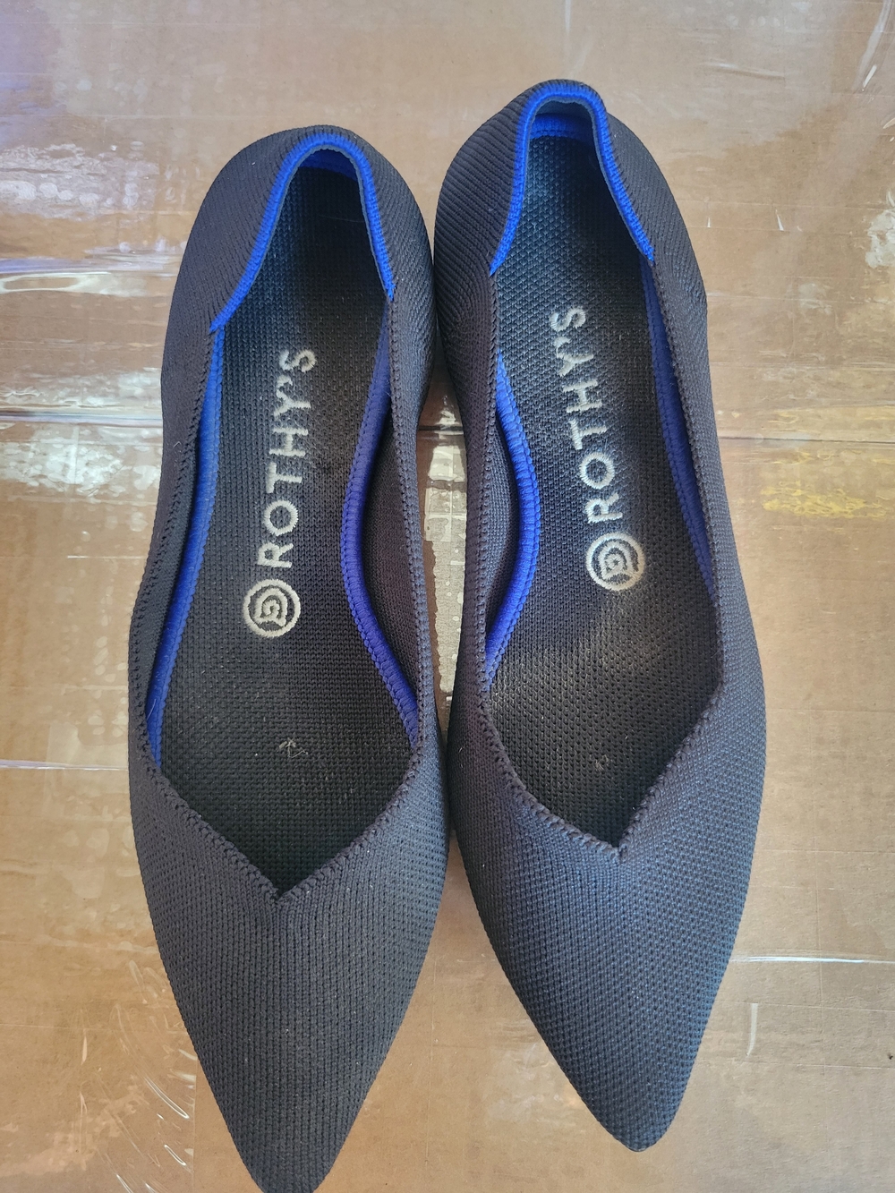 Rothy's Black Pointed Ballet Flat with Blue Trim